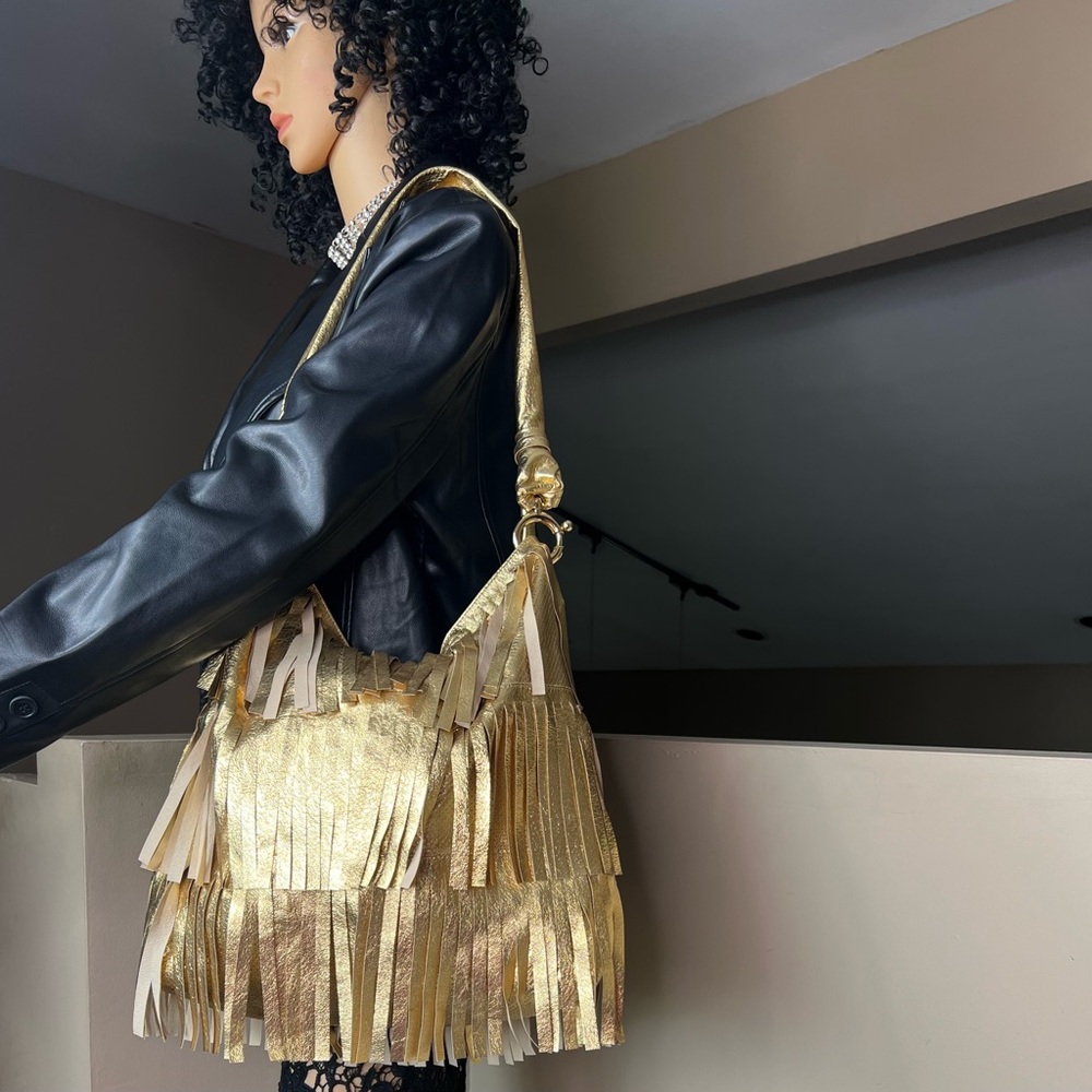 GOLDENBLEU Gold Genuine Leather Fringe Handbag - Picture 4 of 16
